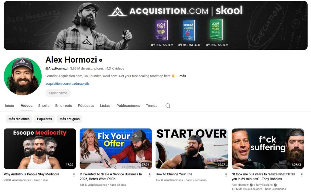 Canal de Youtube de Alex Hormozi